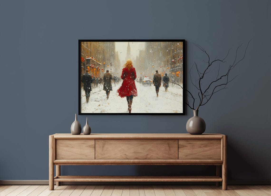 Striking Woman in a Red Coat on a Snowy City Street Art Poster - Image 5