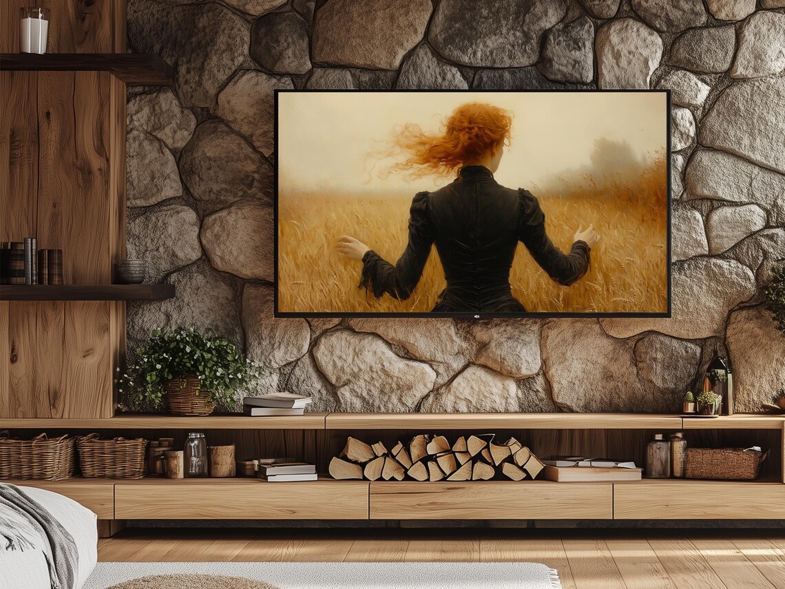 Red Haired Woman In Black Dress Walking Through Wheat Field Art Poster - Image 2