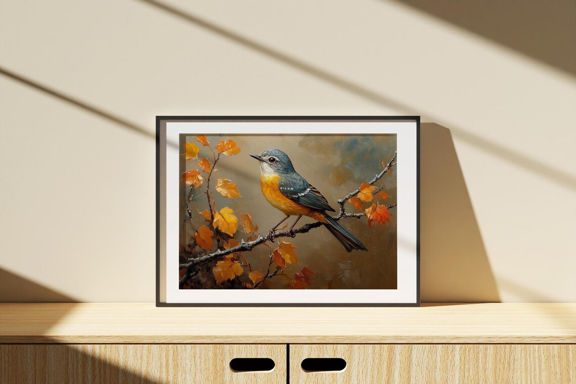 Vivid Blue and Orange Songbird on Golden Autumn Branch Poster - Image 4