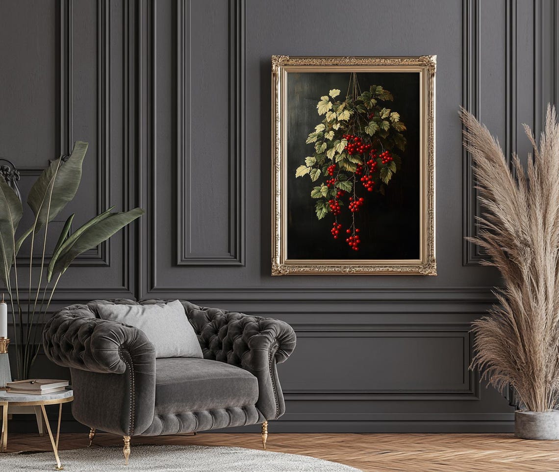 Vivid Hanging Red Currants Botanical Branch on Dark Art Poster - Image 2