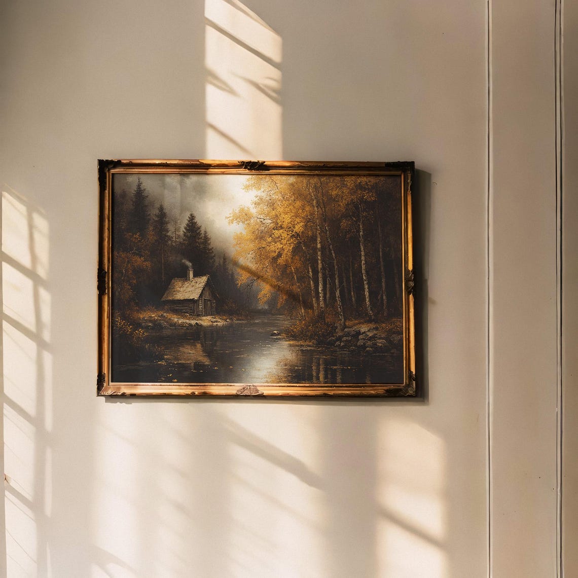 Rustic Autumn Stone Cottage Beside a Golden Forest River Poster - Image 6