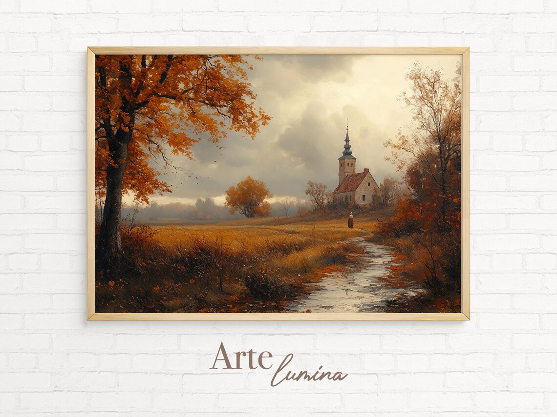 Autumn Country Lane With Church Steeple And Lone Figure Vintage Poster - Image 7