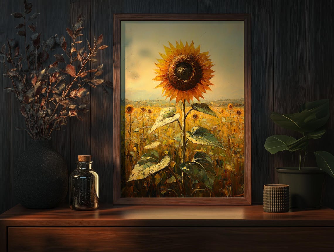 Tall Sunflower Rising Over a Golden Summer Field Painting Poster - Image 6