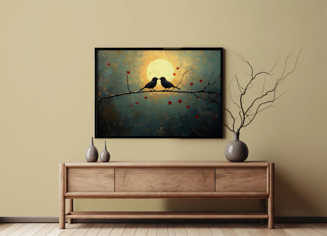 Two Lovebirds Kissing on a Branch Under a Golden Full Moon Poster - Image 7