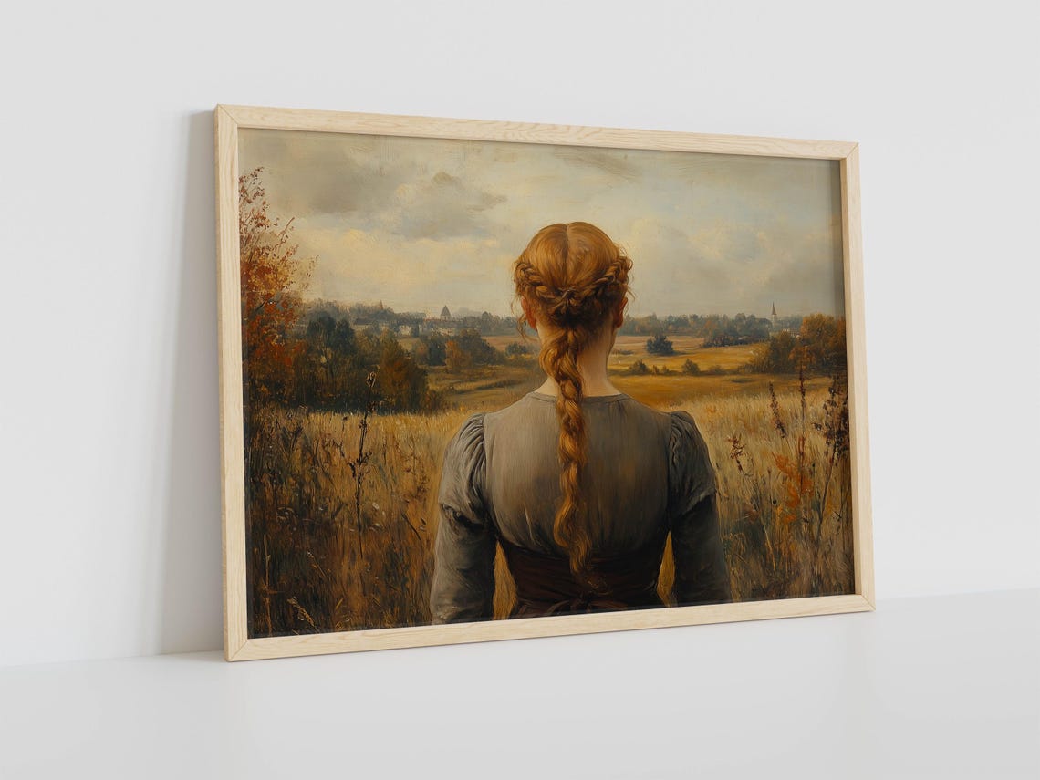 Braided Girl Gazing Over Autumn Fields Classical Painting Poster - Image 3