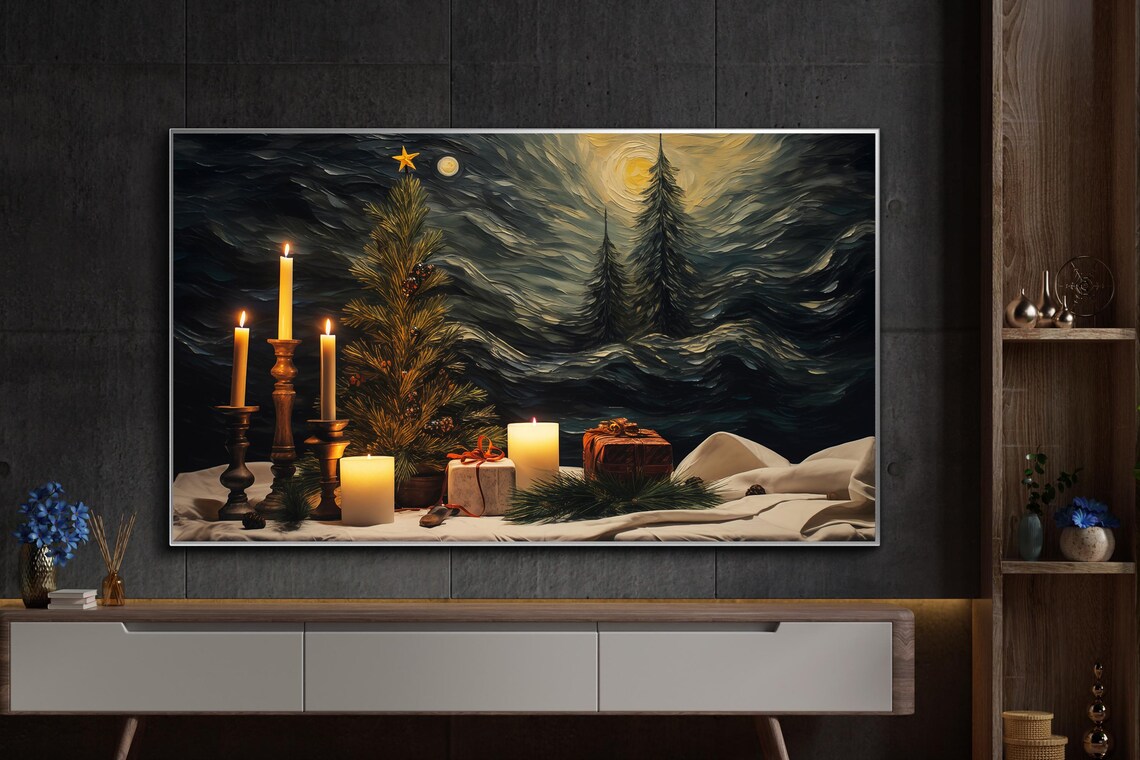 Christmas Tree With Gold Baubles Candles And Gifts By Dark Window Poster - Image 4