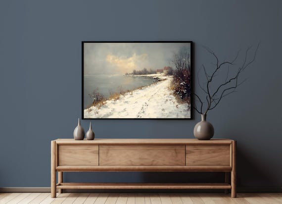 Snowy Landscape Winter Painting Rustic Wall Art Nordic Moody Wall Decor Christmas Print 43