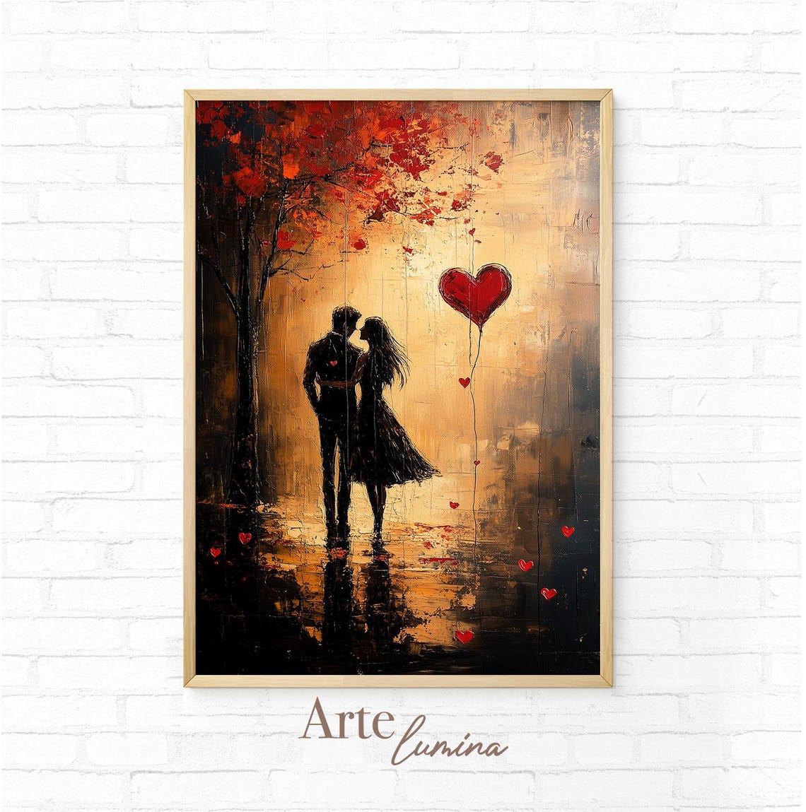 Romantic Lovers Silhouette with Red Heart Balloon Autumn Poster