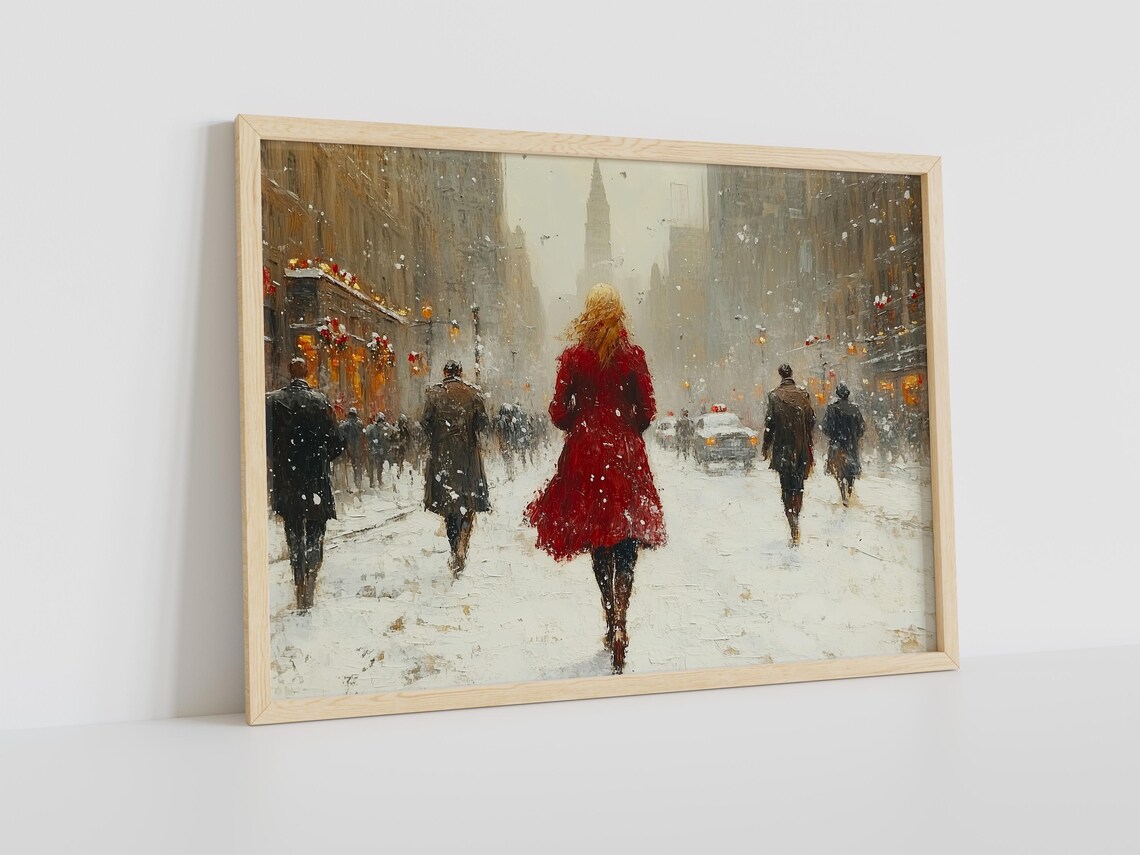 Striking Woman in a Red Coat on a Snowy City Street Art Poster - Image 4