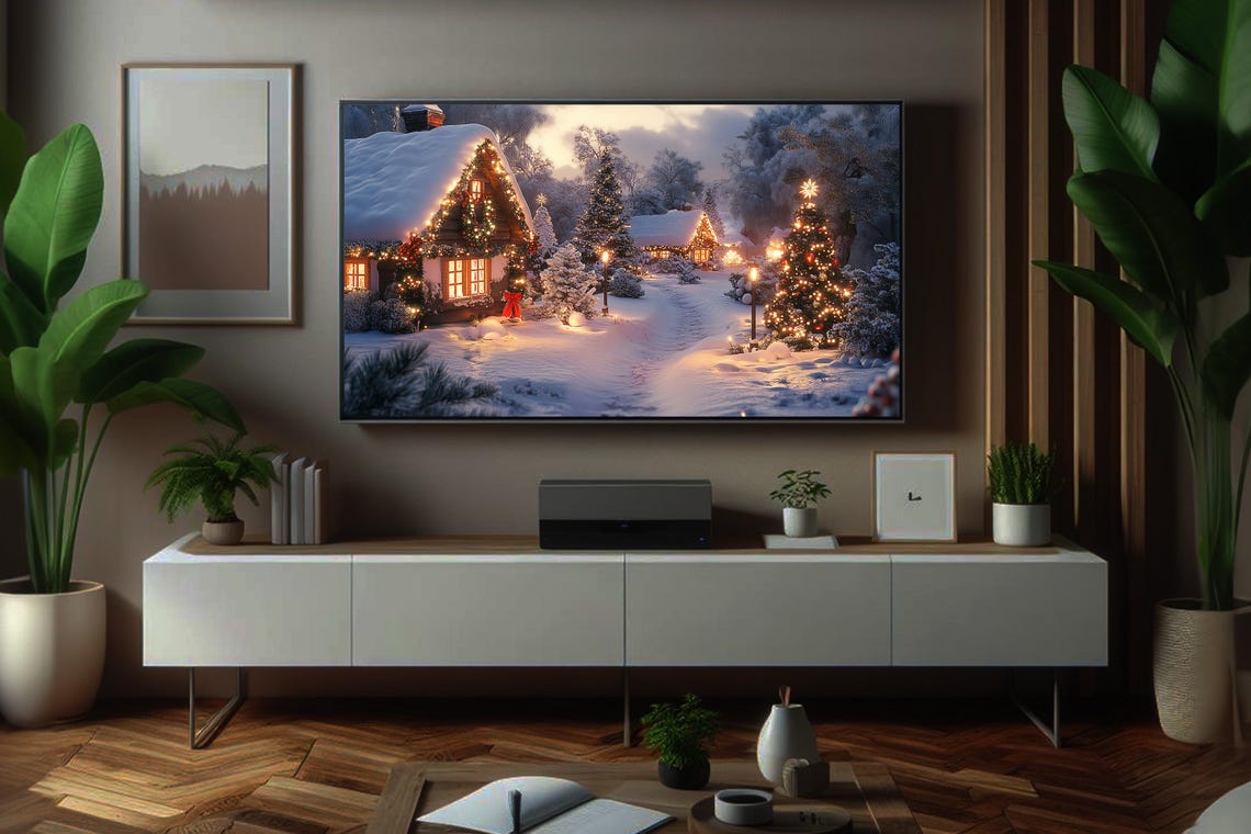 Snow Covered Christmas Cabin With Lights In Glowing Village Poster - Image 3