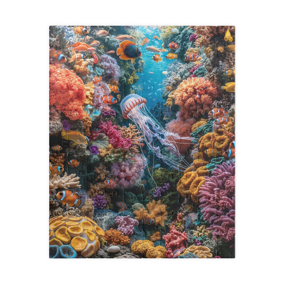Vibrant Coral Reef with Jellyfish and Clownfish in Turquoise Sea Print - Image 2