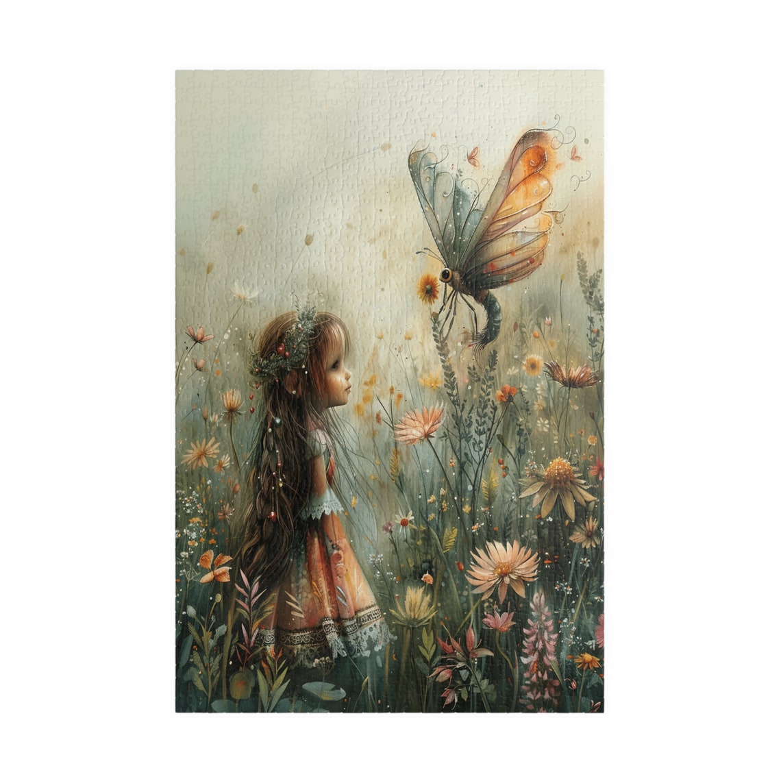 Dreamy Girl Among Wildflowers With Giant Butterfly Art Poster - Image 3