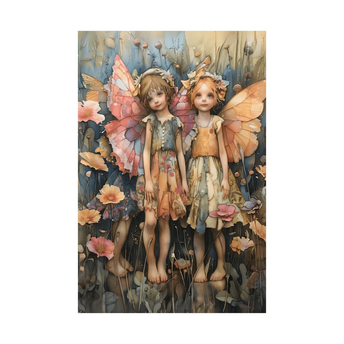 Three Little Pastel Fairies Among Blooming Flowers Whimsical Art Poster - Image 2