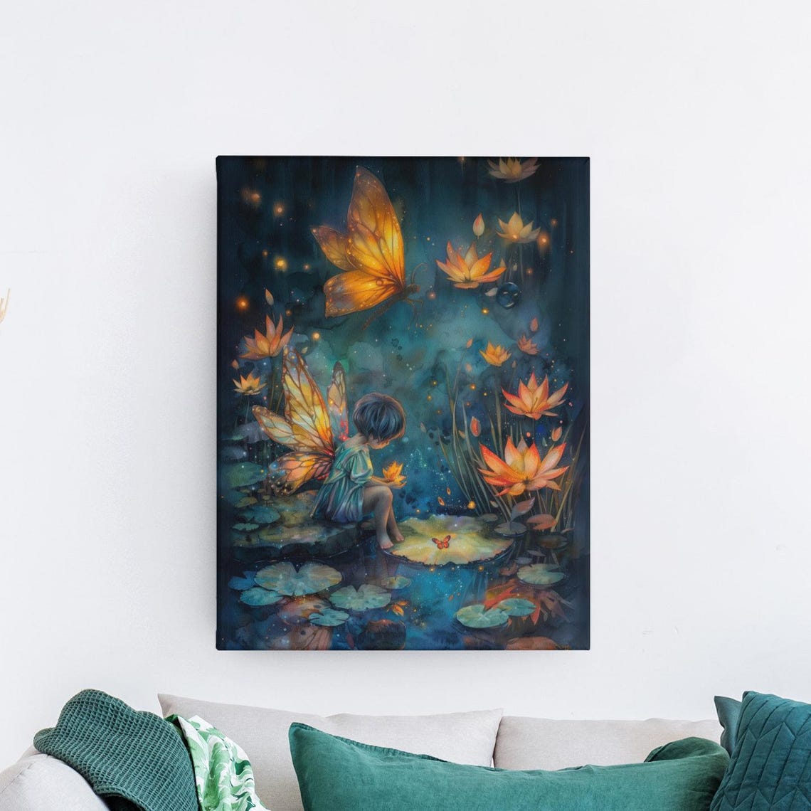 Water Lily Fairy With Butterfly Over A Glowing Night Pond Art Poster - Image 2