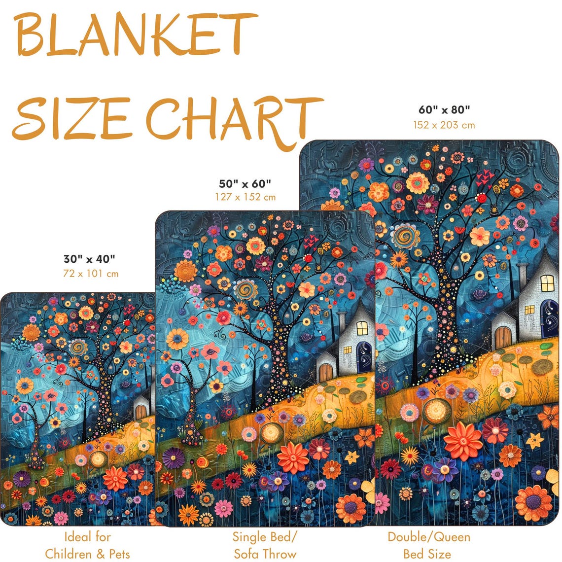 Whimsical Flowering Tree by a Cottage at Night Folk Art Poster - Image 4