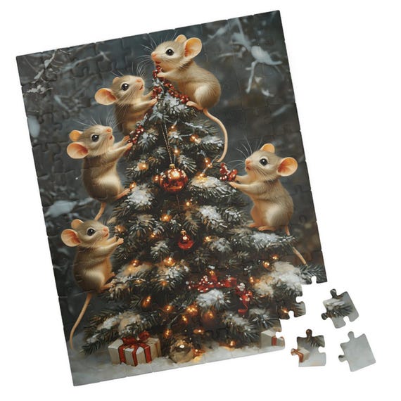 Cute Mice Decorating A Christmas Tree Jigsaw Puzzle Gift For Holidays Birthdays Get Well And Nursing Homes Fun Tech Free Activity
