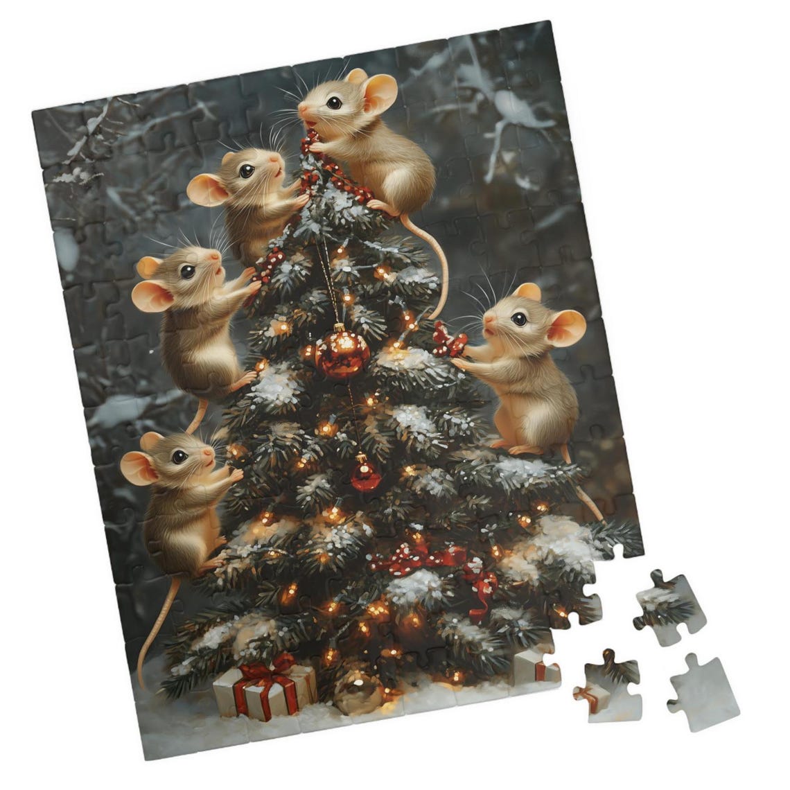 Cute Mice Decorating a Snowy Christmas Tree with Red Baubles Poster