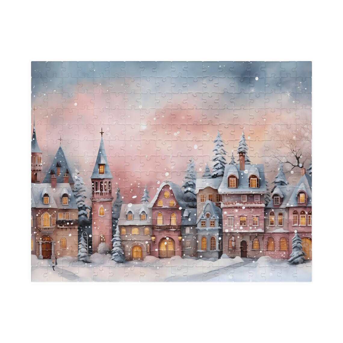 Charming Pastel Snowy European Winter Town Glowing at Dusk Poster - Image 6