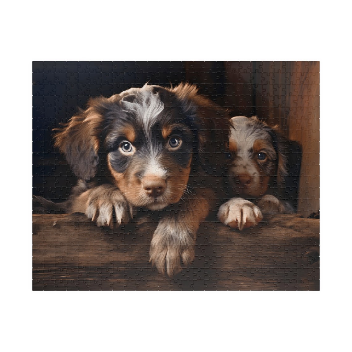 Two Cute Puppies Peeking Over a Rustic Wooden Edge Art Poster - Image 3