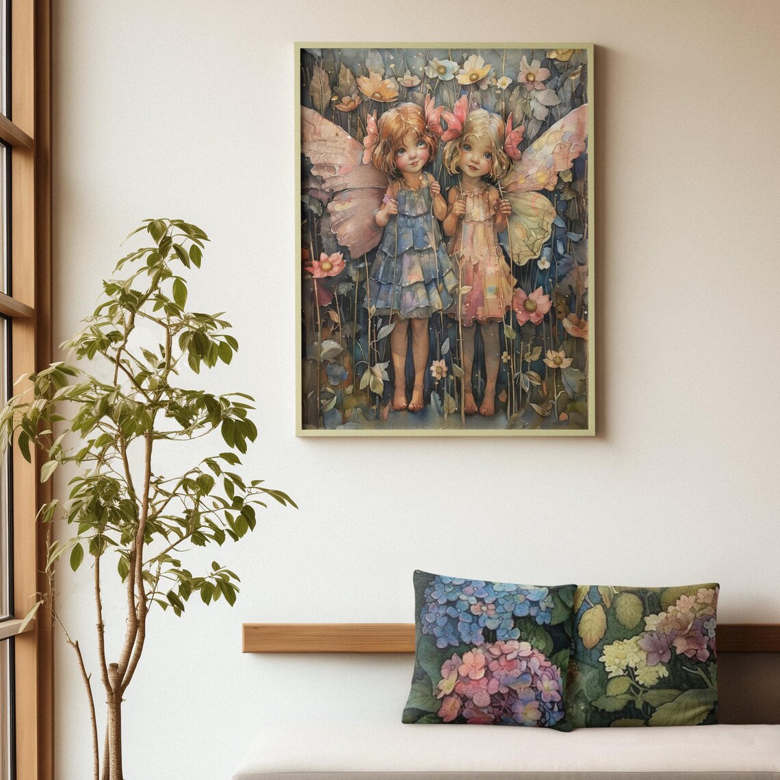 Two Little Pastel Fairies with Butterfly Wings Watercolor Poster - Image 2