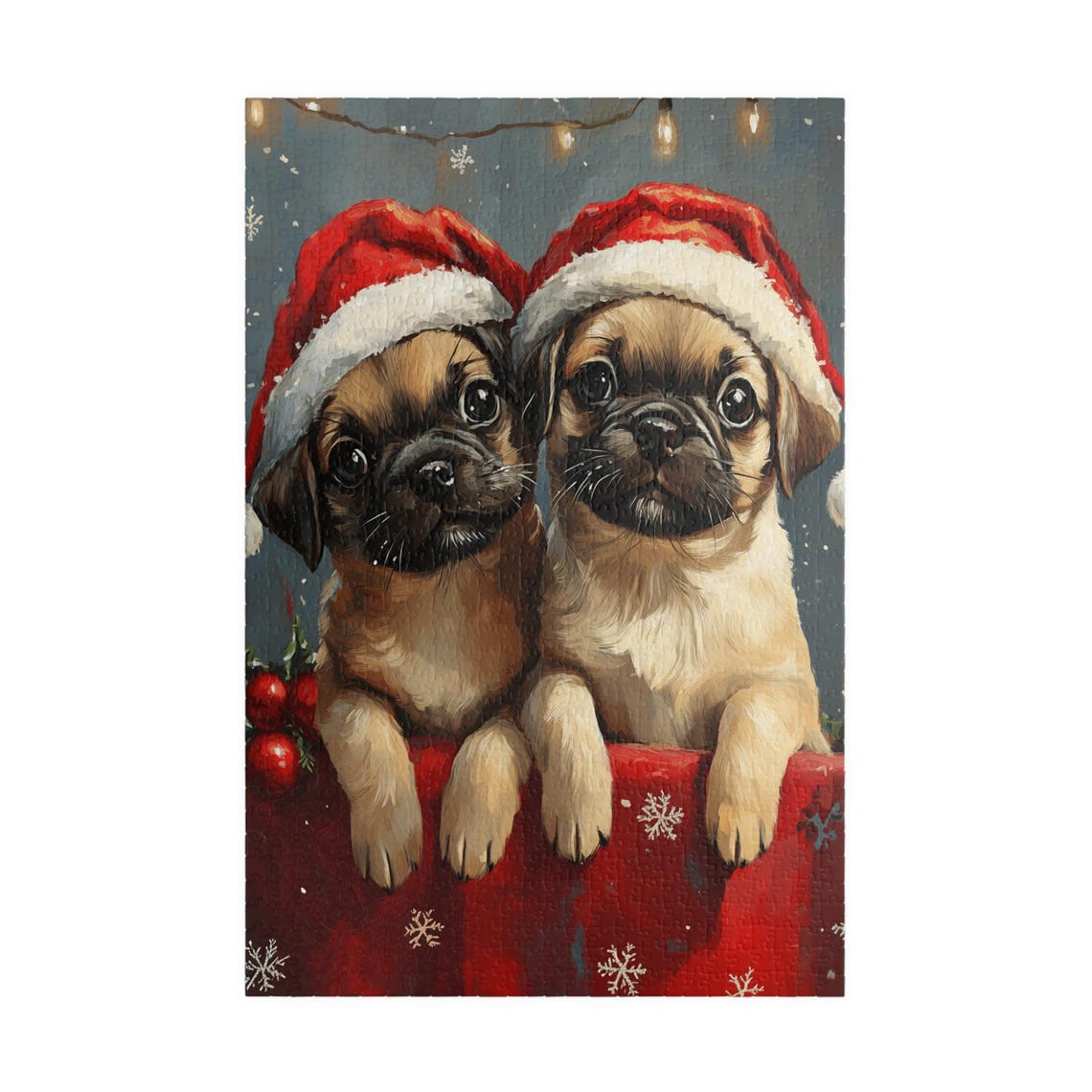 Two Pug Puppies in Santa Hats on Red Gift Box Christmas Dog Poster - Image 3