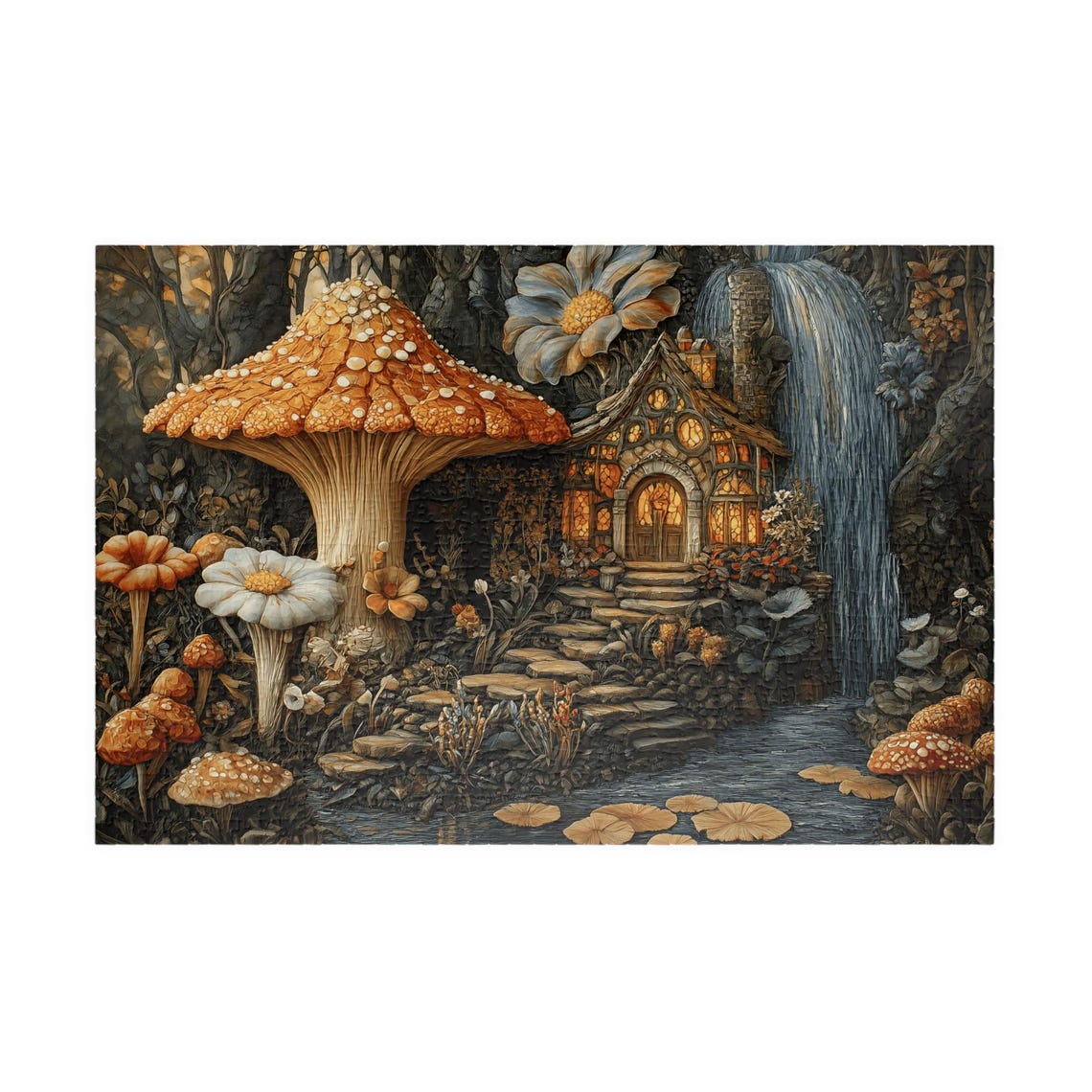 Enchanted Mushroom Cottage By A Waterfall In A Fairy Garden Poster - Image 3
