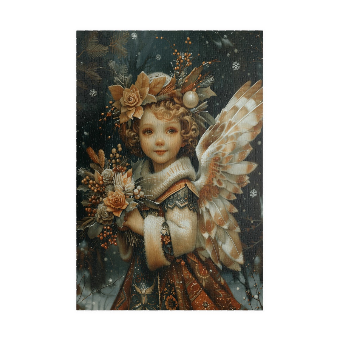 Winter Angel Child with Feathered Wings Holding Holiday Flowers Poster - Image 3