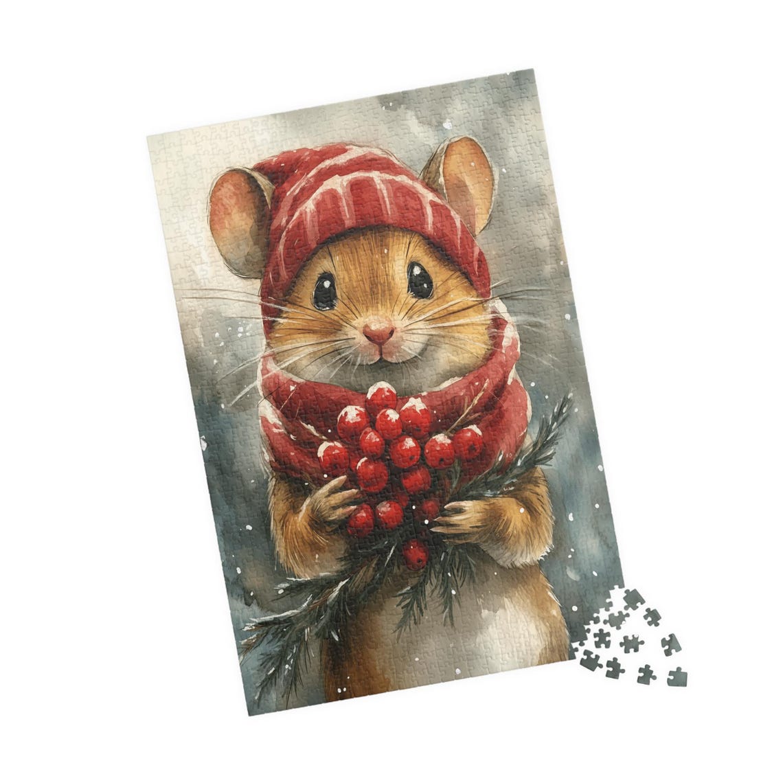 Cute Mouse In Red Knit Hat Holding Berries Jigsaw Puzzle Print - Image 4