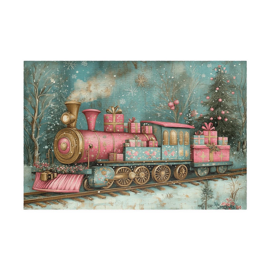 Pink and Blue Christmas Train with Presents Snowy Winter Poster - Image 3