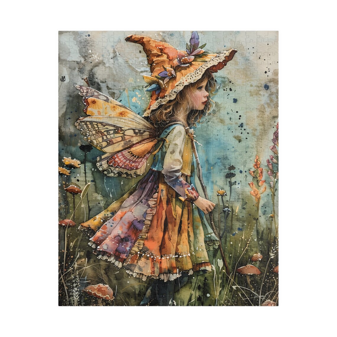 Watercolor Fairy Girl Floppy Hat Butterfly Wings Field Poster - Image 5