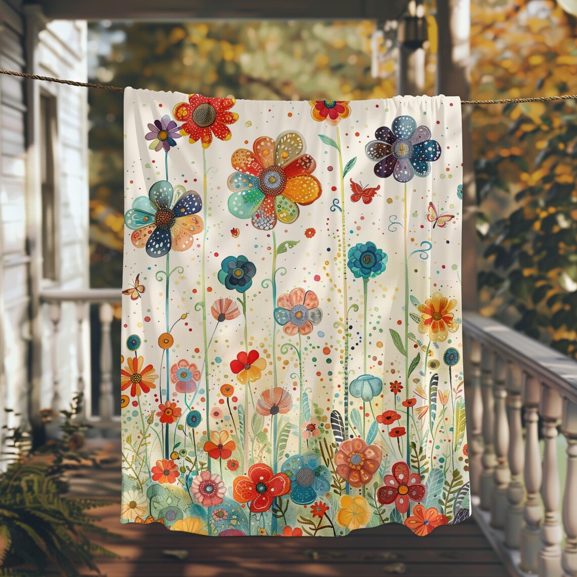Joyful Colorful Folk Style Field of Wildflowers and Butterflies Poster