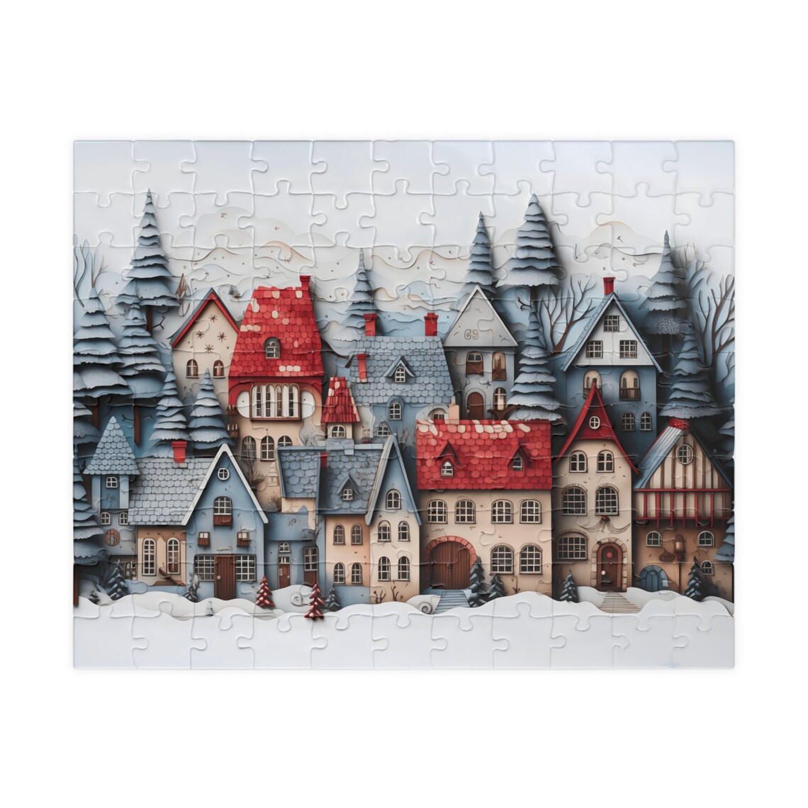 Paper Cut Snowy Village Red Roof Houses Winter Folk Art Poster - Image 4