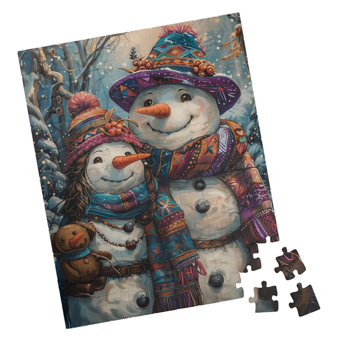 Mother And Daughter Snowman Portrait Travel Poster
