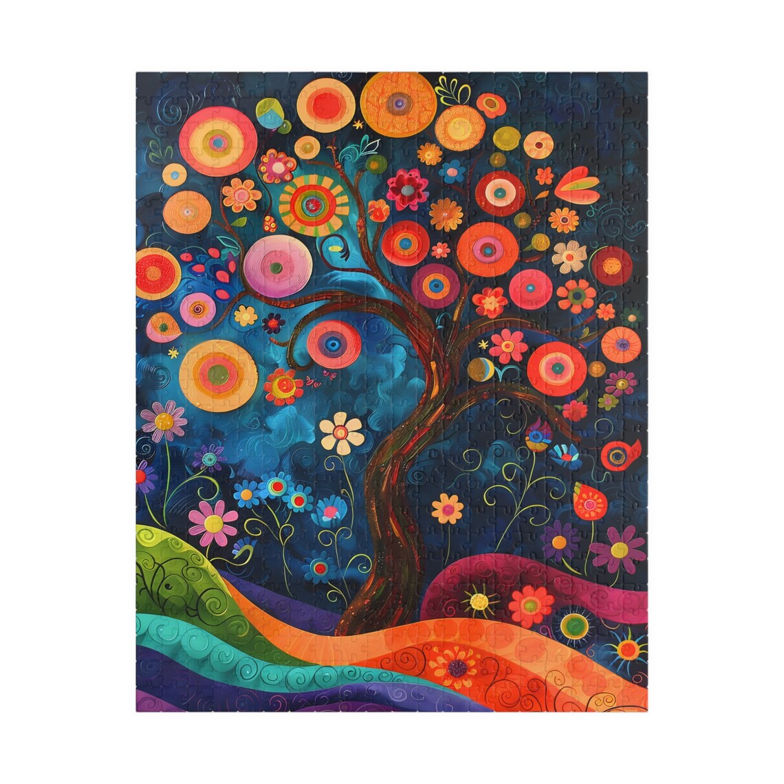 Folk Art Tree of Life Round Blossom Night Sky Colorful Poster - Image 5