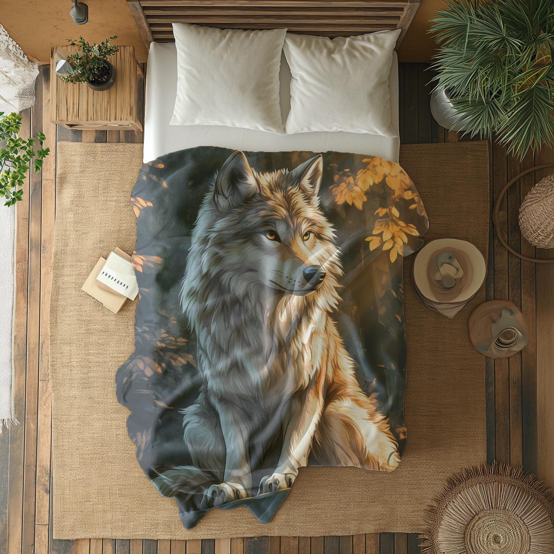 Majestic Wolf Sitting Among Golden Autumn Leaves Portrait Poster - Image 2