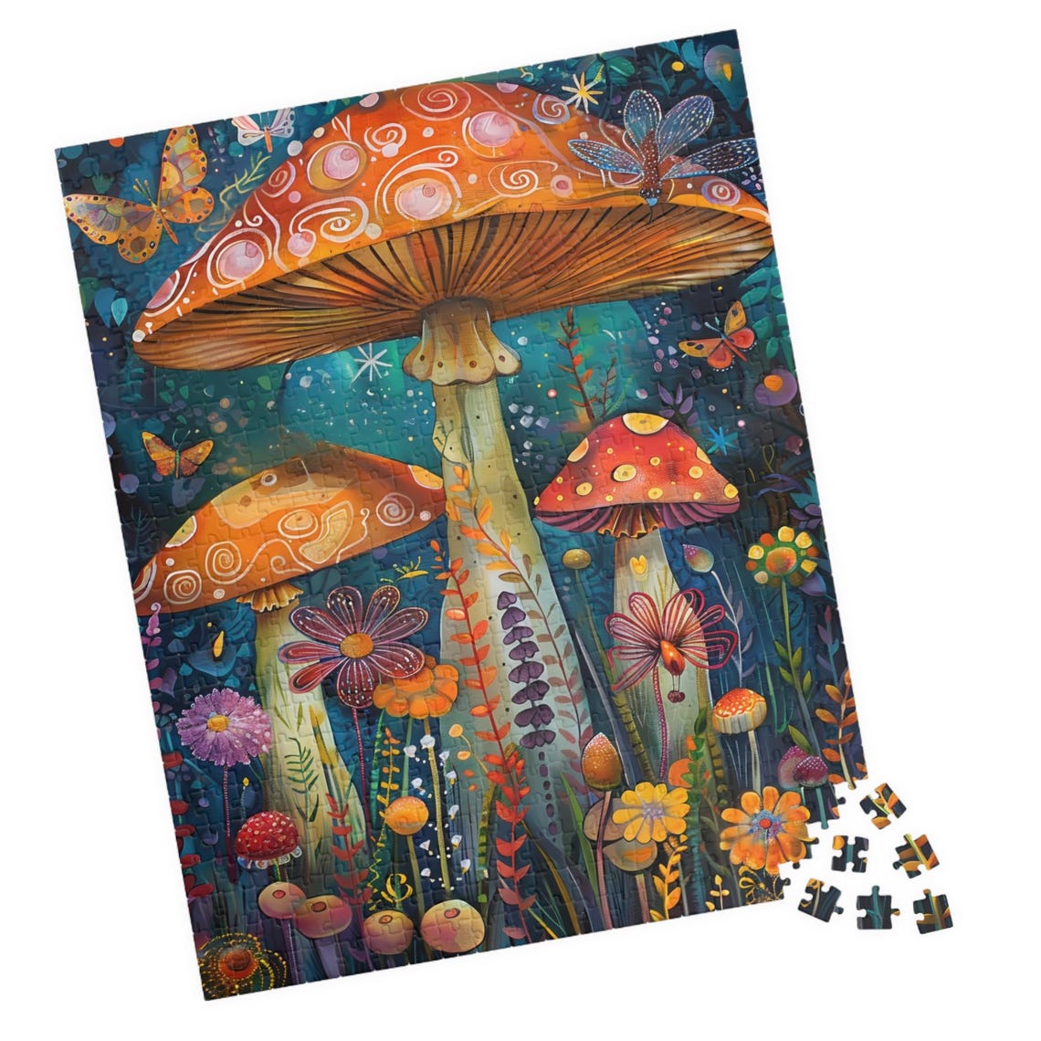 Whimsical Giant Mushrooms Butterflies Flowers Folk Night Poster