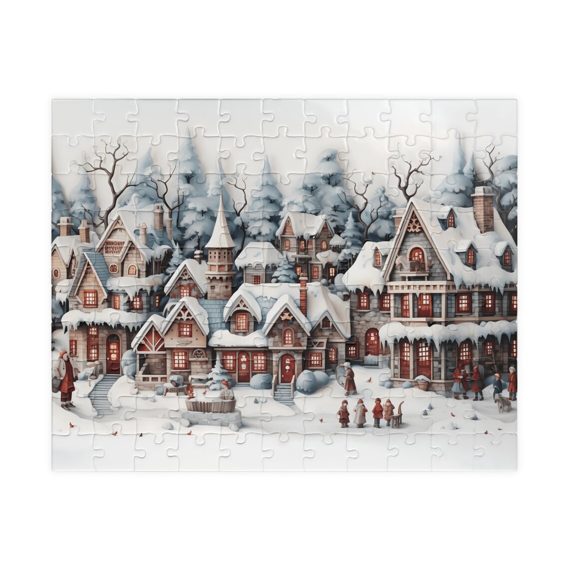 Storybook Snowy Christmas Town with Children and Houses Art Print - Image 5