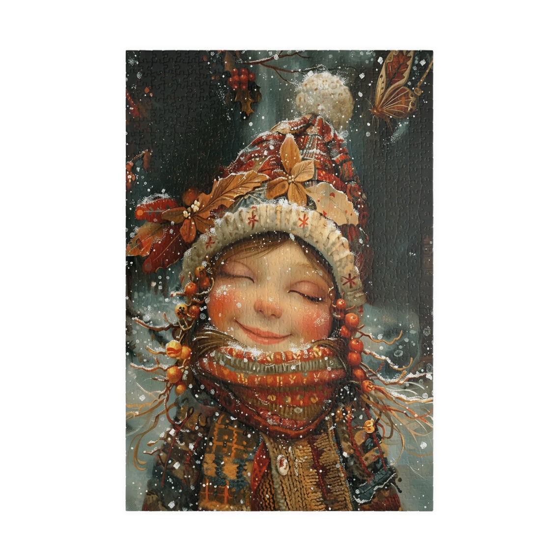 Smiling Girl in Festive Winter Hat and Scarf in Falling Snow Poster - Image 3