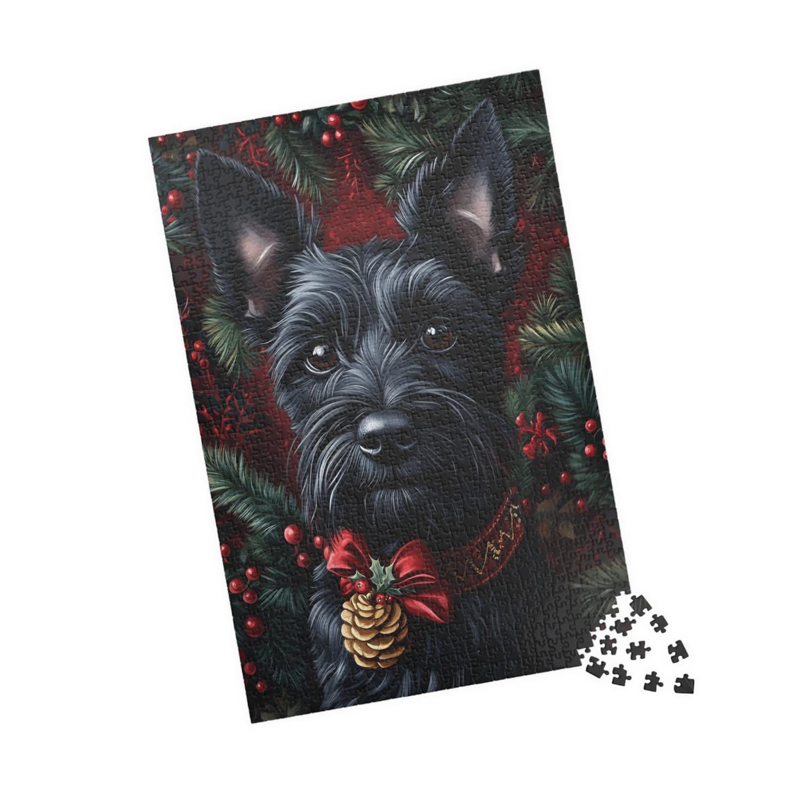 Black Scottish Terrier with a Red Holiday Bow in Pine Branches Print - Image 4