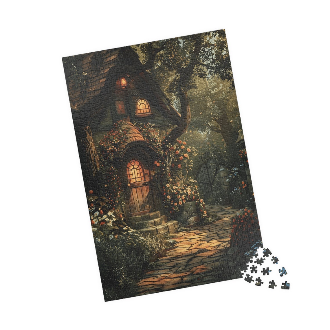 English Cottage at Twilight with Glowing Round Door Roses Poster - Image 4