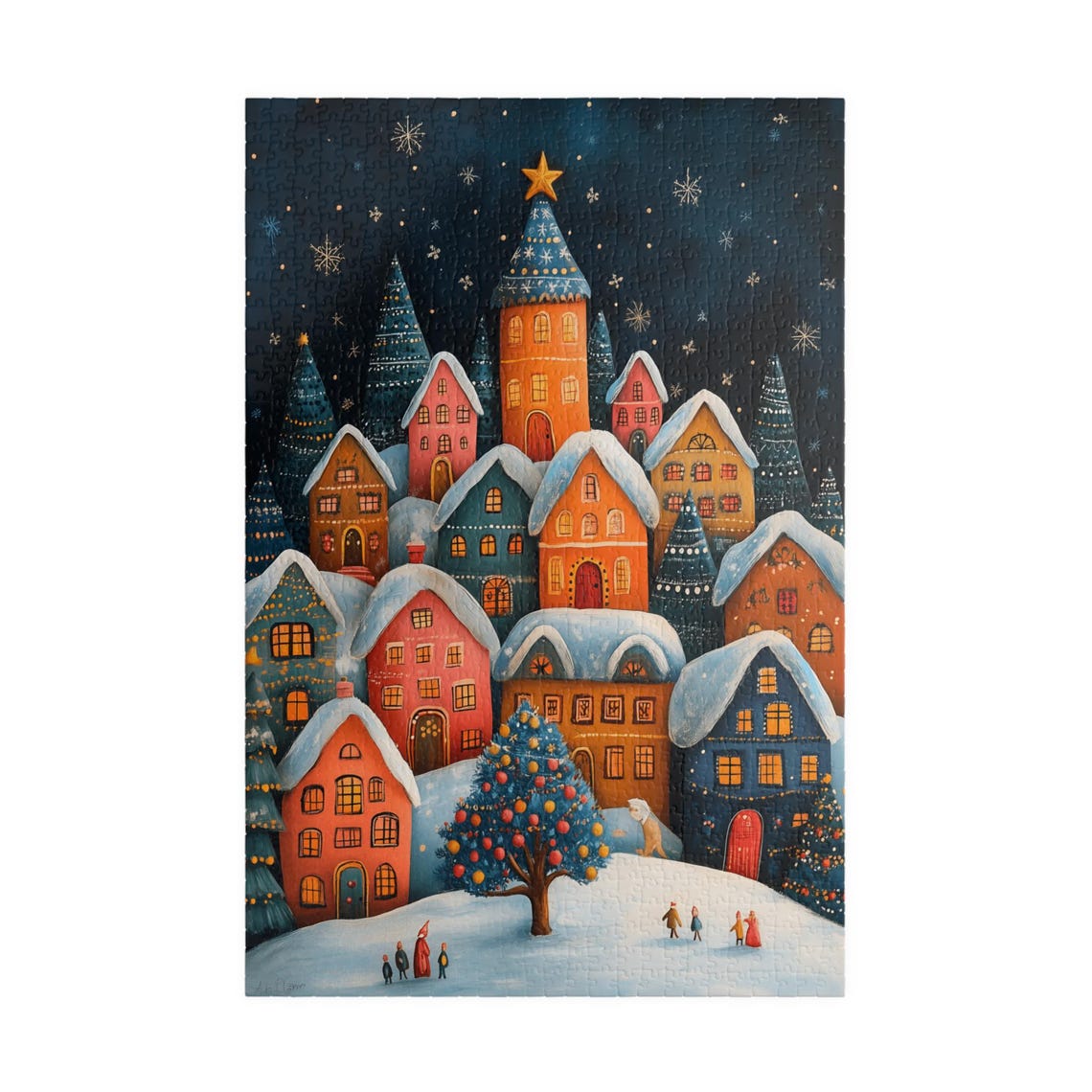 Snowy Christmas Village Under Stars with Tree and Figures Art Print - Image 3