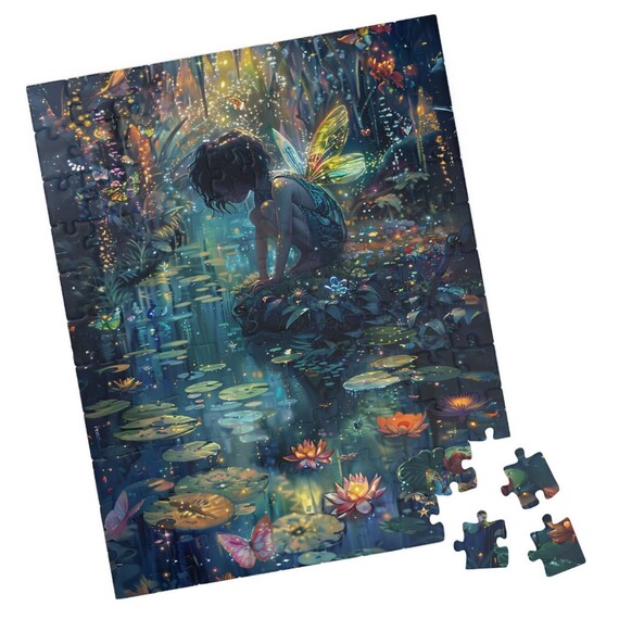 Crouching Fairy By Sparkling Lily Pond At Night Magic Art Poster