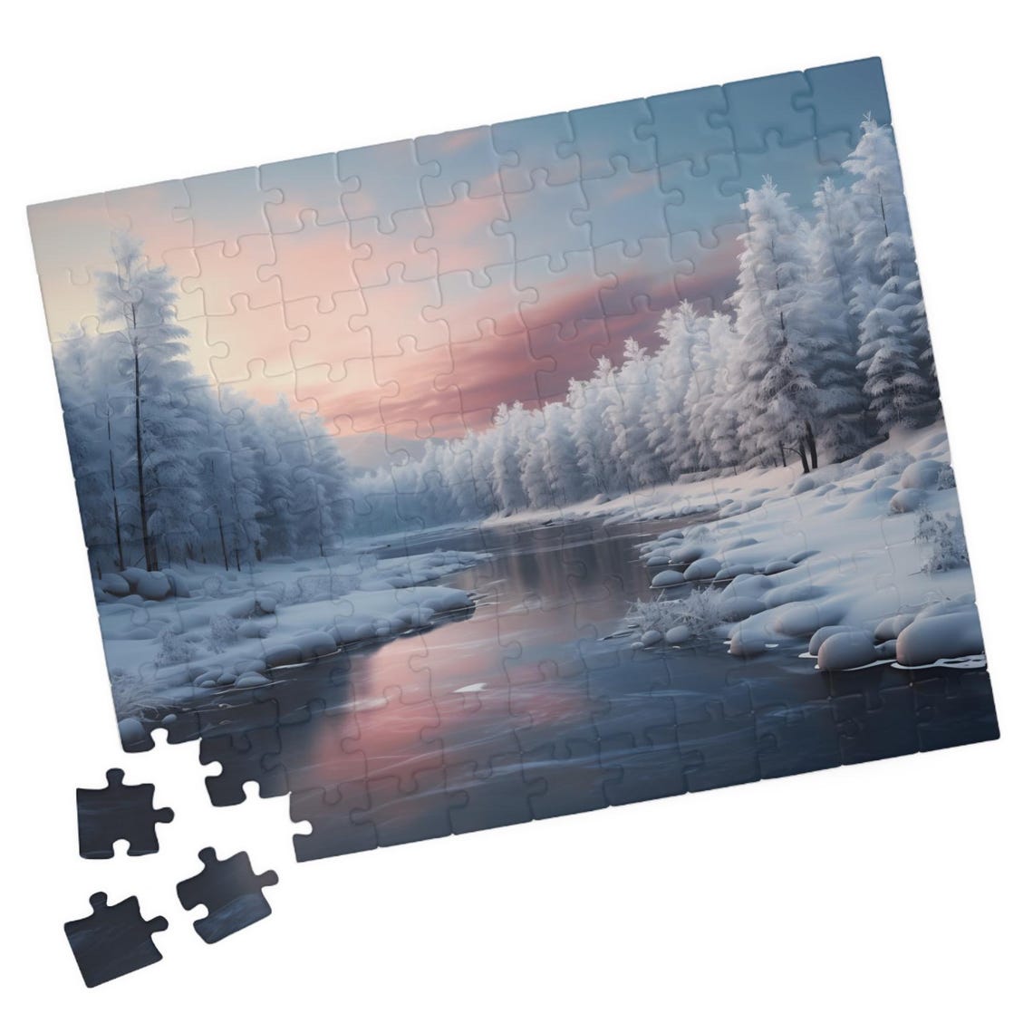 Snowy River At Sunset With Frosted Pine Trees Winter Art Poster