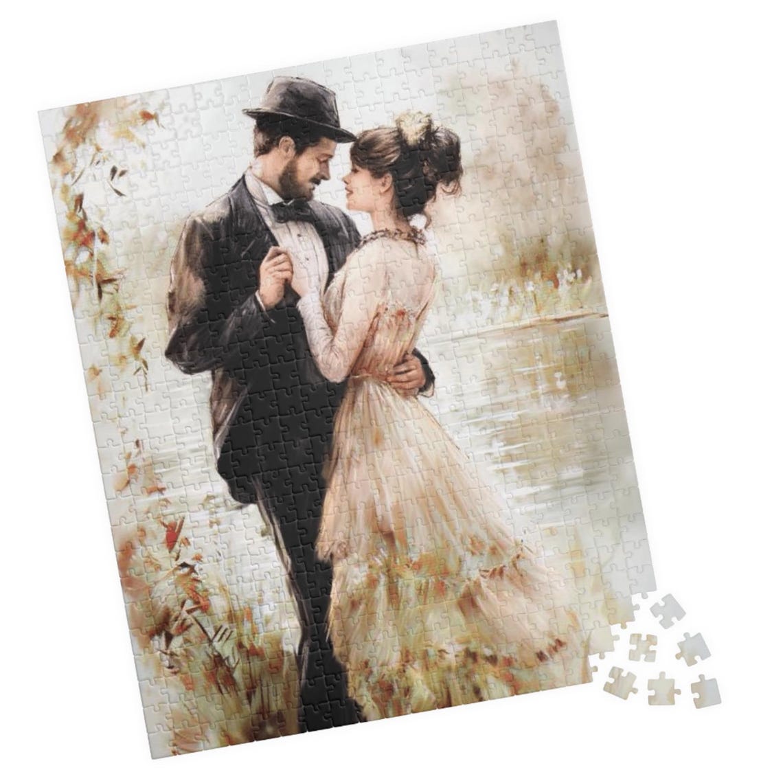 Elegant Victorian Couple Dancing Beside A Calm Lake Art Poster