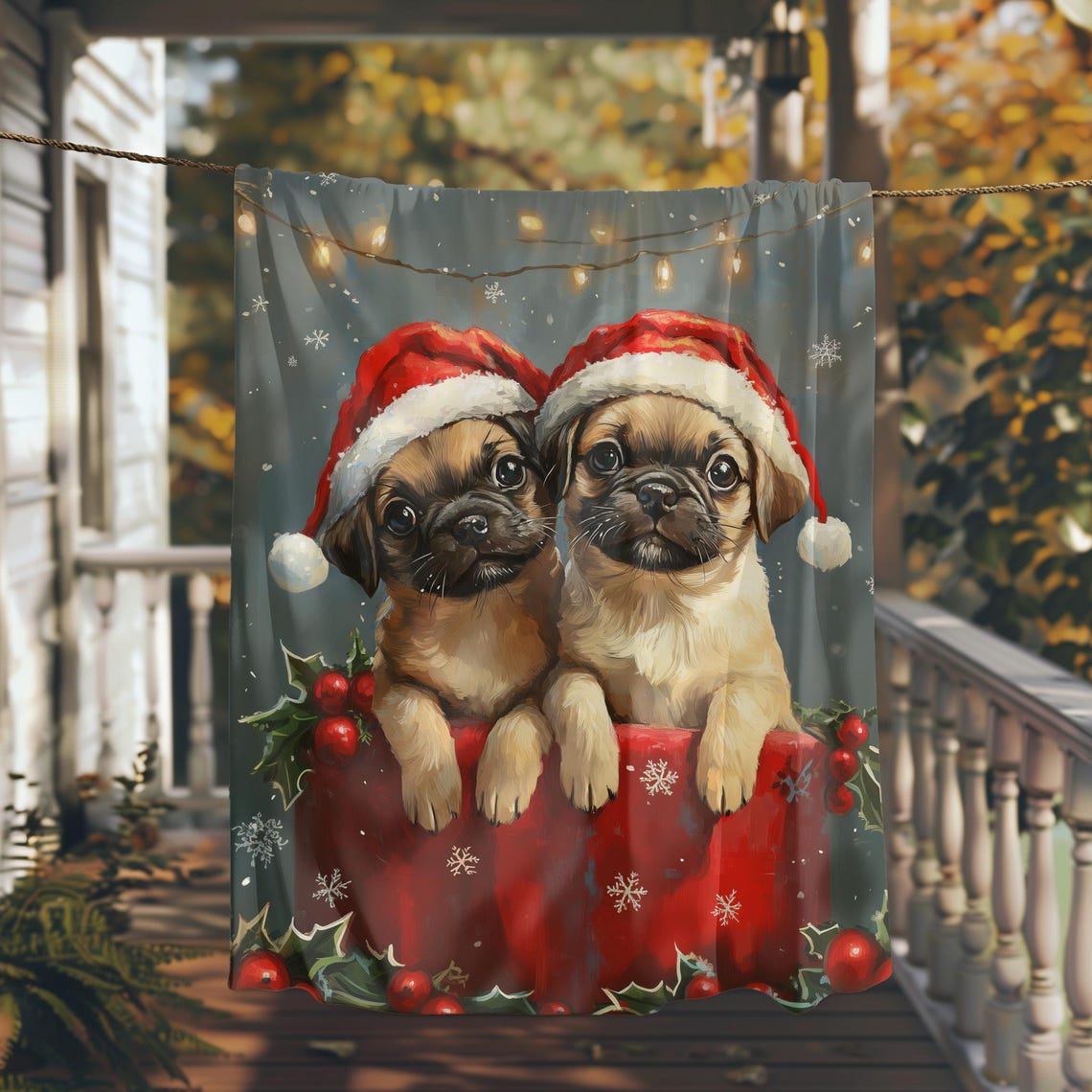 Two Adorable Pugs In Santa Hats With A Christmas Sack Holiday Poster
