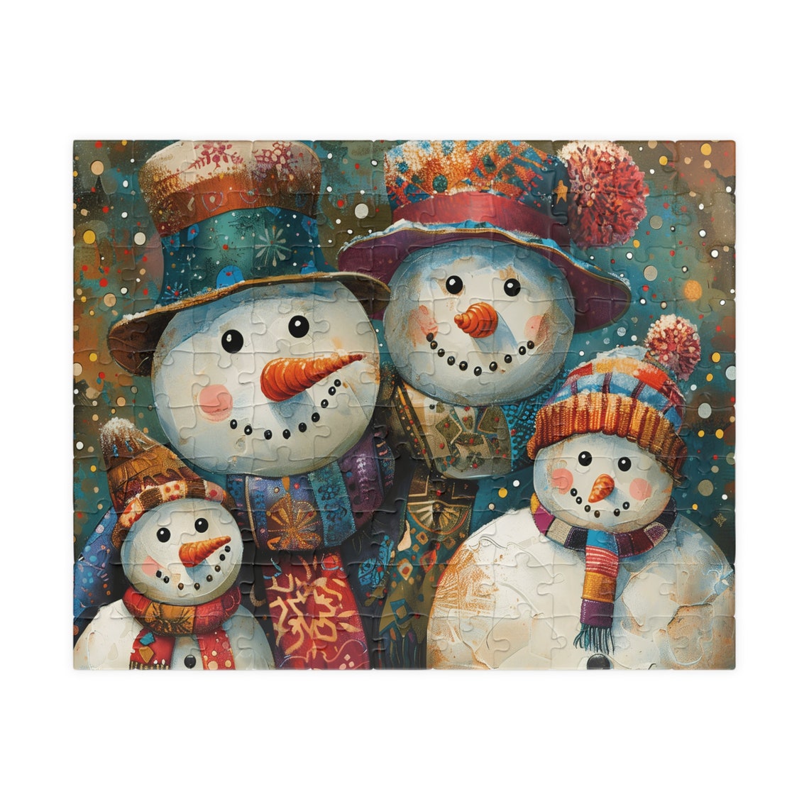 Four Happy Snowmen Family In Patterned Winter Hats Art Poster - Image 5