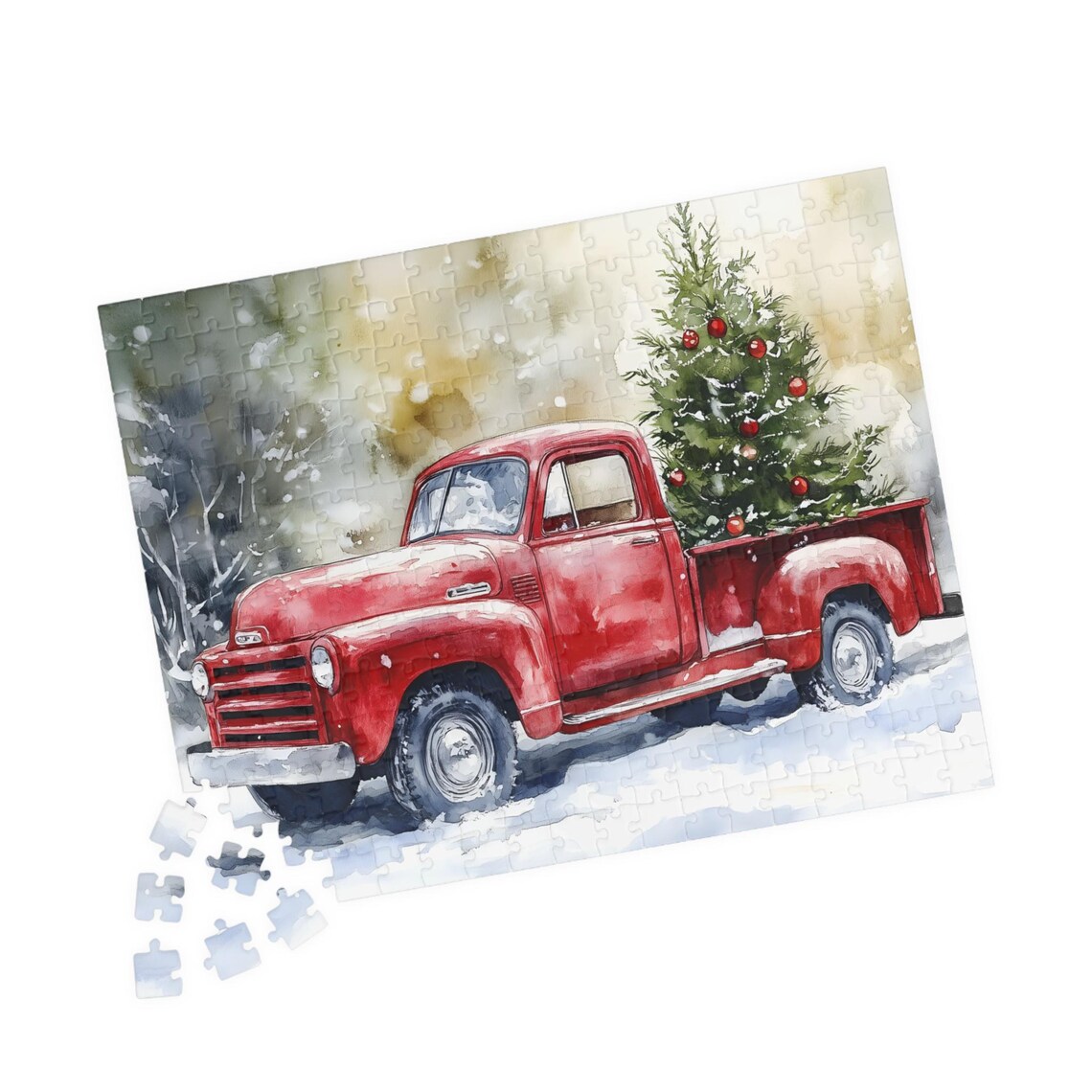 Vintage Red Pickup Truck Carrying A Christmas Tree In Snow Art Print - Image 4