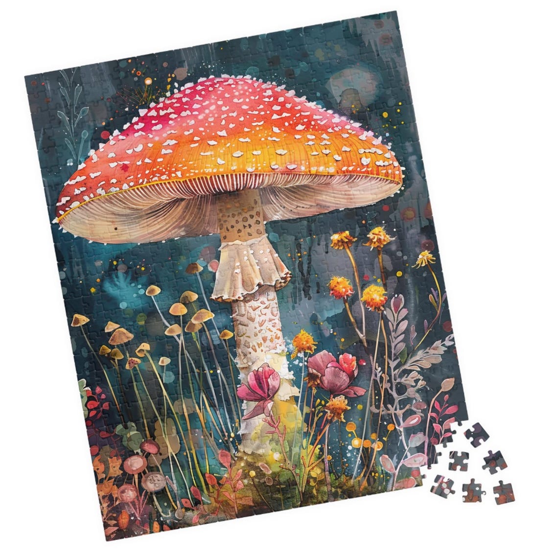 Giant Red Fly Agaric Mushroom in a Moody Watercolor Forest Print
