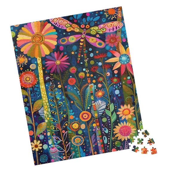 Dragonfly Summer Garden Whimsical Folk Art Colorful Floral Poster