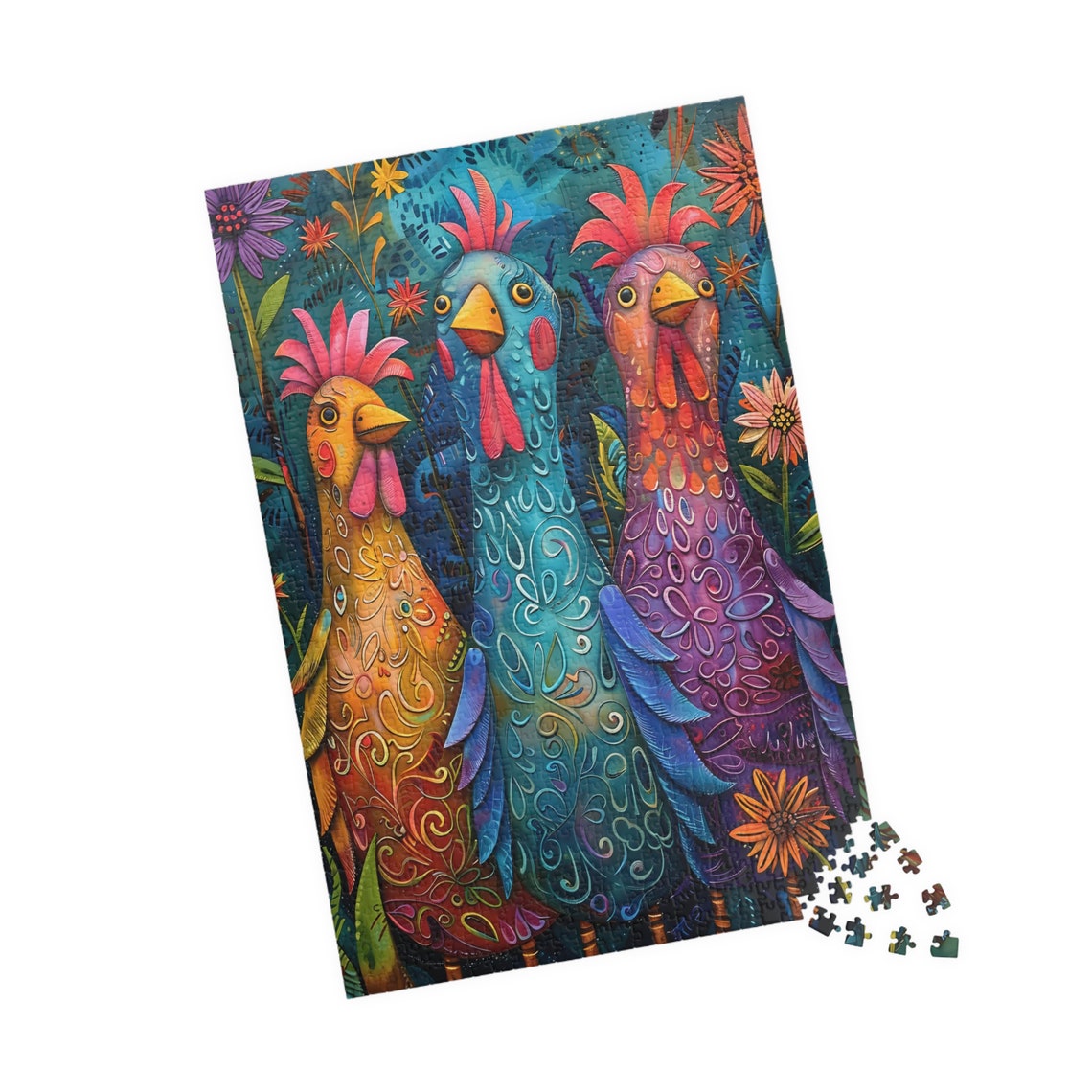Three Colorful Chickens Whimsical Folk Art Fun Farm Bird Poster - Image 4